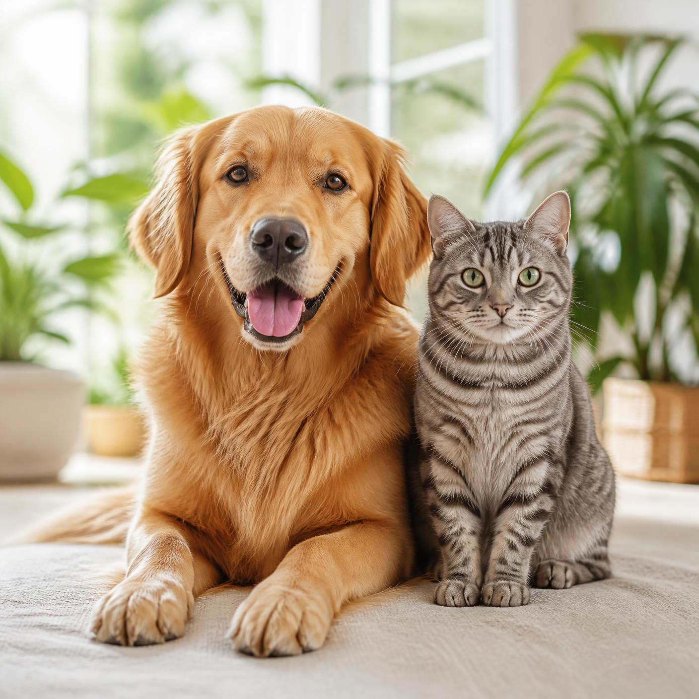 Perro y gato juntos en un hogar luminoso, cuidados por EnviosPet